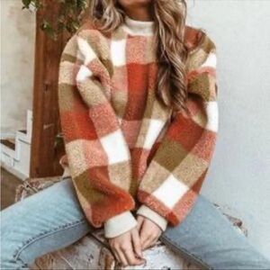 BiBi Plaid Teddy‎ Bear Fleece Crewneck Sweatshirt. Size XL.